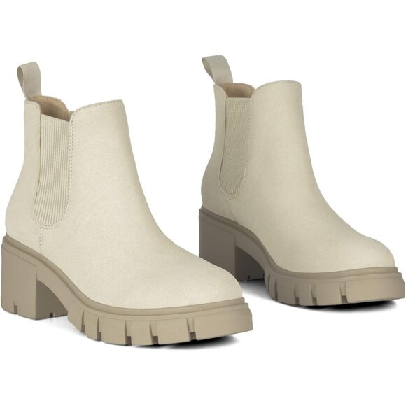 Women's Chelsea Boots Fashion Lug Sole Chunky Heel Slip on Ankle Booties Beige - Picture 5 of 6